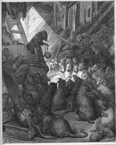 ジャン・ド・ラ・フォンテーヌ（ラフォンテーヌ）（1621-95）の「寓話」より『ネズミの会議』（Conseil tenu par les rats） - ギュスターヴ・ドーア（1832-83）によるエングレーヴィング - 個人蔵 作： Gustave (after) Dore