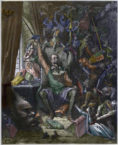 書斎で白昼夢の幻影に囲まれているドン・キホーテ - ミゲル・セルバンテス（1547-1616）の「Don Quixote de la Mancha」（ドン・キホーテ）をギュスターヴ・ドーアが描いたものをヘリオドール・ジョセフ・ピサン（1822-90）が彫ったもの。 作： Gustave (after) Dore