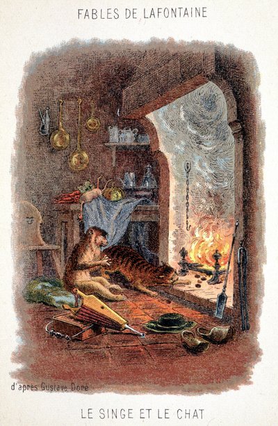 ラ・フォンテーヌの寓話。ギュスターヴ・ドレによる「猿と猫」。 作： Gustave (after) Dore