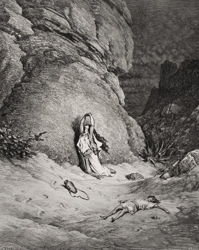 砂漠のハガルとイシュマエル、ドーレの『聖書』からの挿絵、ピアオーの版画。 作： Gustave (after) Dore