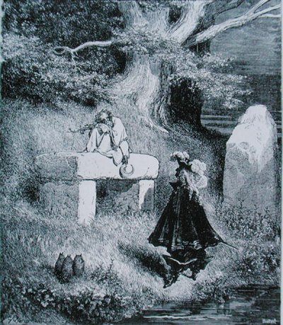 シャルル・ペロー（1628-1703）の「長靴をはいた猫」の挿絵 1883年（彫刻）。 作： Gustave (after) Dore