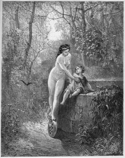 ジャン・ド・ラ・フォンテーヌ（ラフォンテーヌ）（1621-95）の「寓話」より「La Fortune et le jeune Enfant」（女神フォーチュンが井戸から幼い子供を救う） - ギュスターヴ・ドーア（1832-83）の手によるエングレーヴィング - 個人蔵 作： Gustave (after) Dore