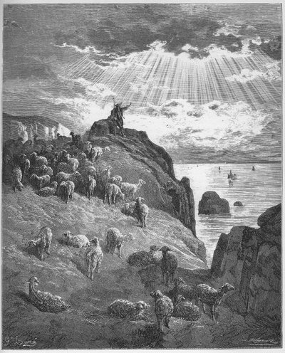 Le berger et la mer（羊飼いと海） - Jean de La Fontaine（Lafontaine）（1621-95）の「寓話」より - Gustave Dore（1832-83）の後のエングレービング - 個人蔵 作： Gustave (after) Dore