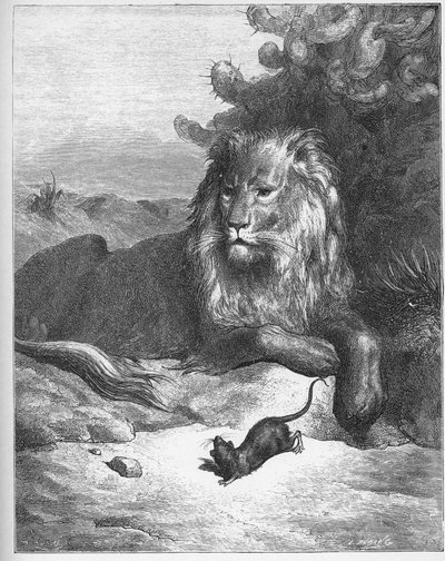 Le lion et le rat (ライオンとネズミ) - Jean de La Fontaine (Lafontaine) (1621-95)の「寓話」より - Gustave Dore (1832-83)によるエングレーヴィング - 個人蔵 作： Gustave (after) Dore