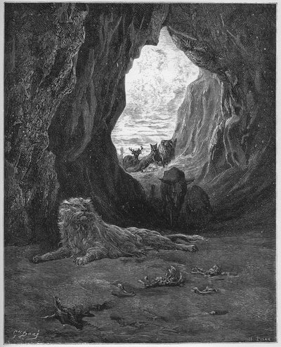 Le lion malade et le fox (病気のライオンとキツネ) - Jean de La Fontaine (Lafontaine) (1621-95)の「寓話」より - Gustave Dore (1832-83)の後のエングレービング - 個人蔵 作： Gustave (after) Dore