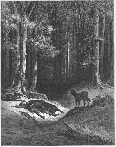 Le loup et le chasseur（狼と狩人） - Jean de La Fontaine（Lafontaine）（1621-95）の「寓話」より - Gustave Dore（1832-83）の後のエングレービング - 個人蔵 作： Gustave (after) Dore