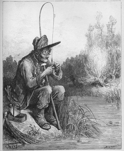 Le petit poisson et le pecheur - Jean de La Fontaine (Lafontaine) (1621-95)の「寓話」より - Gustave Dore (1832-83)の後のエングレービング - 個人蔵 作： Gustave (after) Dore