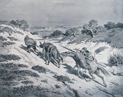 ミゲル・セルバンテス(1547-1616)の「ドン・キホーテ・デ・ラ・マンチャ」より「打ち負かされた騎士とその従者」 1868年頃、ヘリオドール・ジョセフ・ピザン(1822-90)が彫刻。 作： Gustave (after) Dore