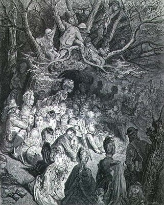 ウィリアム・ブランチャード・ジェロルド（1826-84）著、ポール・ジョナール＝パセル（1902年没）彫刻の「ロンドン、巡礼」より「リバーバンド-木の下で」、パブ。1872年に出版された。 作： Gustave (after) Dore