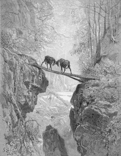 ラ・フォンテーヌの「寓話」から「二匹の山羊」、A.リニーが1868年頃に彫ったもの（エングレーヴィング 作： Gustave (after) Dore