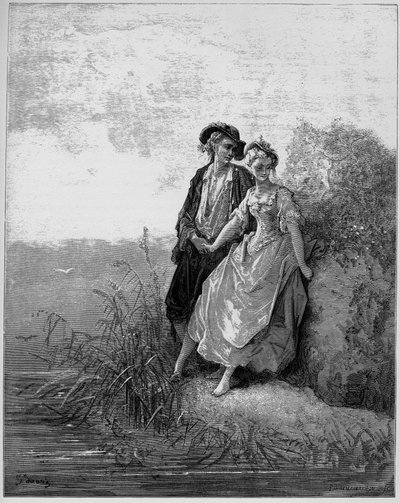 Tircis et Amarante - Tircis and Amaranth - （羊飼いと羊飼いの女） - Jean de La Fontaine (Lafontaine) (1621-95) の「寓話」より - Gustave Dore (1832-83) の後のエングレーヴィング - 個人蔵 作： Gustave (after) Dore