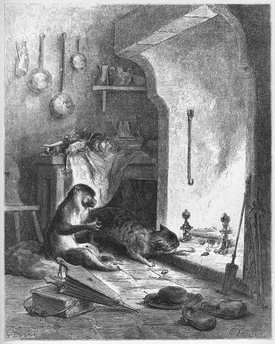 猿と猫 - ジャン・ド・ラ・フォンテーヌ（ラフォンテーヌ）（1621-95）の「寓話」より - ギュスターヴ・ドーア（1832-83）の手によるエングレーヴィング - 個人蔵 作： Gustave (after) Dore