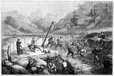 19世紀、カリフォルニア州、川の底で砂を掘り、洗っています。 作： Gustave Adolphe Chassevent Bacques