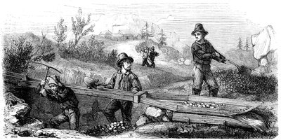 19世紀、カリフォルニアの長いトム水門で働くフランスの鉱山労働者。 作： Gustave Adolphe Chassevent Bacques