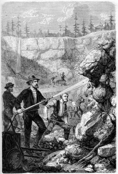 油圧鉱業、カリフォルニア、1859。 作： Gustave Adolphe Chassevent Bacques