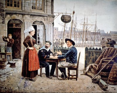 バーでブルトン人のウェイトレスと談笑する2人の男性（水兵とブルトン人の漁師）（サンマロ 作： Gustave Bourgain