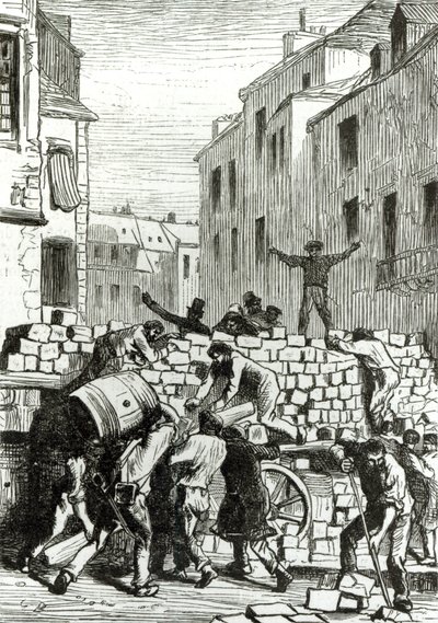 バリケード、ヴィクトルユーゴー作「レミゼラブル」のイラスト（1802-85年） 作： Gustave Brion