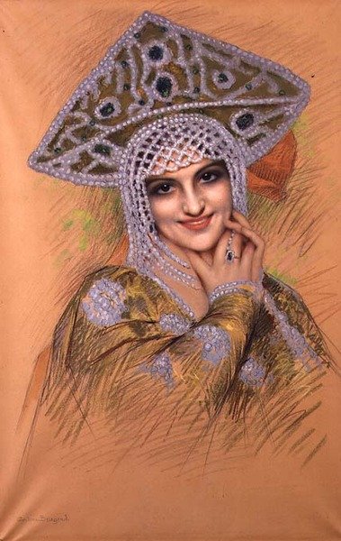 真珠の頭飾りの若い女性（紙にパステル） 作： Gustave Brisgand
