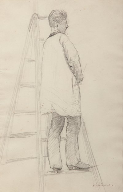 住宅塗装職人のための習作：梯子の上の男、4分の3後ろ姿 作： Gustave Caillebotte