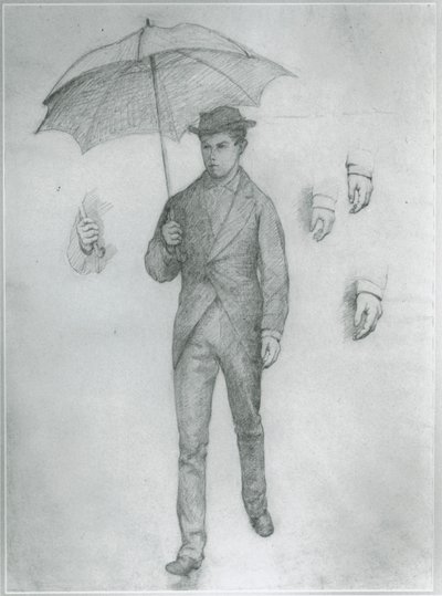 傘をさす若い男の習作（紙に鉛筆） 作： Gustave Caillebotte