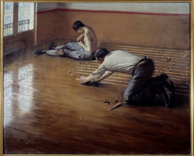 床削りの人々。ギュスターヴ・カイユボットによる絵画 作： Gustave Caillebotte