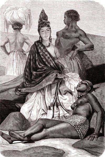 セネガル、ゴレ島の混血フランス系アフリカ人女性、シグナール。1861年（エングレーヴィング） 作： Gustave Clarence Rodolphe Boulanger