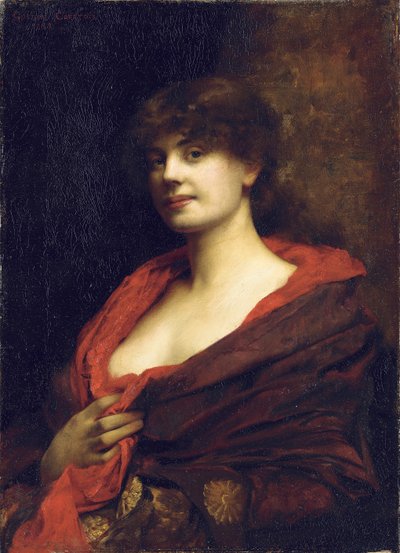 赤いショールを持つエレガントな女性、1883年 作： Gustave Claude Etienne Courtois