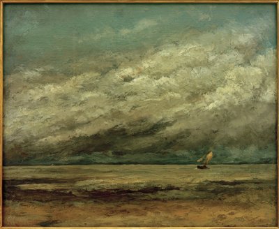 嵐の空、海岸の近くのセーリングボート 作： Gustave Courbet