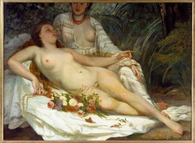 水浴客は二人の裸の女性を言う。ギュスターヴ・クールベ（1819-1877）の絵画 作： Gustave Courbet