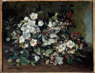 満開の桜やリンゴの枝。ギュスターヴ・クールベ（1819-1877）の絵画 作： Gustave Courbet
