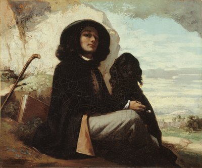 フランス語  黒い犬を連れたクールベの自画像 作： Gustave Courbet