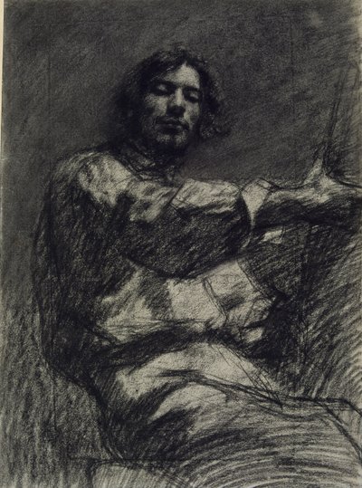 座っている若い男性、書斎。イーゼルでの自画像 作： Gustave Courbet