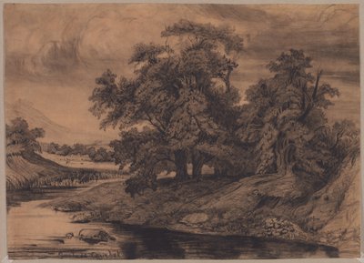 大きな木のある風景、1860年後半〜1870年代初頭。 作： Gustave Courbet