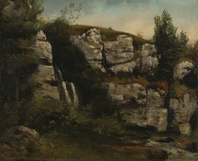 岩と滝のある風景します。 1872 作： Gustave Courbet