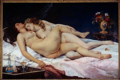 睡眠。ベッドの中で抱き合う二人の裸の女性 作： Gustave Courbet