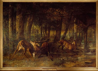 春の発情期、鹿の戦い。ギュスターヴ・クールベ（1819-1877）の絵画 作： Gustave Courbet