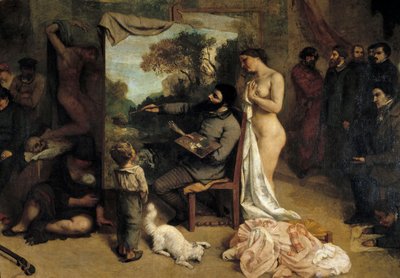 画家のワークショップ。私の芸術人生（と道徳）の7年間の局面を決定するAllegorie Reelle 画家が2つのインスピレーションの源、純真さを象徴する子供と裸の女性を取り囲んでいる様子を描いたディテール。絵画：ギュスターヴ・クールベ（1819〜）の作品 作： Gustave Courbet