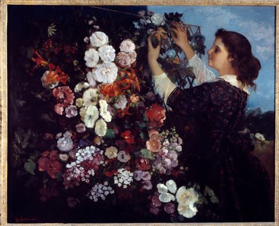 花を持つ女性か、格子を持つ女性かギュスターヴ・クールベ（1819-1877）の絵画 作： Gustave Courbet