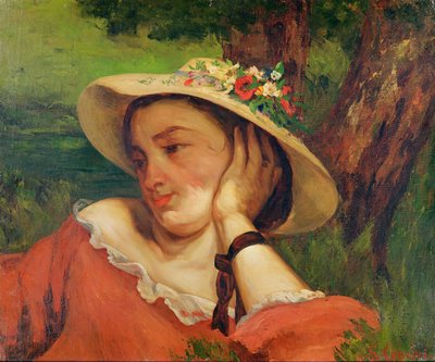 花の麦わら帽子の女、1857年頃 作： Gustave Courbet