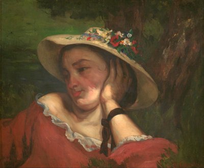 セーヌ川のほとりにいる若い女性–絵画の断片（帽子に花をつけた女性） 作： Gustave Courbet