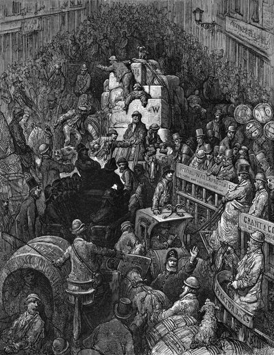 街の通り道」：ギュスターヴ・ドーレとブランシャール・ジェロルド・ロンドンより：ロンドン巡礼1872年。混沌とした交通渋滞の光景と、車両を動かそうとするロンドンの警官。木版画。 作： Gustave Dore