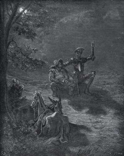 ミゲル・セルバンテス（1547-1616）の『ドン・キホーテ・デ・ラ・マンチャ』（ドン・キホーテ）より「夜の談話」 - グスタフ・ドーアの絵をもとにした木版画 作： Gustave Dore