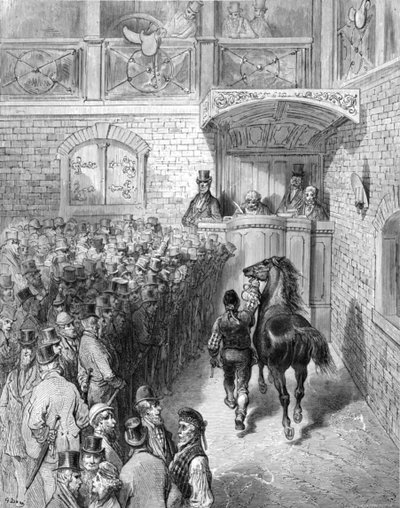 「タタソールズでのセール」、1872 年。 作： Gustave Dore