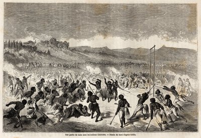 1853-54年にボードゥアン・モルハウゼン（1825-1905）が行った太平洋へのミシシッピ号の航海を説明するためにギュスターヴ・ドーア（1832-1883）が描いた、ミシシッピ地方の部族であるチョクトー族の球技の様子。Le tour du monde, nouveau j」に掲載されているエングレーヴィング。 作： Gustave Dore
