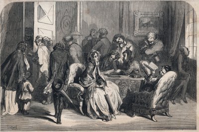 歯医者さんの控え室。ギュスターヴ・ドーア（1832-1883）が描いたもの。1862年の「Le Monde illustrious」誌に掲載された版画。個人蔵。 作： Gustave Dore
