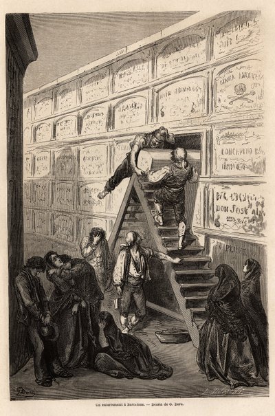 Gustave Dore（1832-1883）が1862年にC.Davillierと行ったスペイン旅行を説明するために描いたバルセロナの葬儀の様子。エドゥアール・シャルトン編『世界旅行』に掲載されている図版 作： Gustave Dore