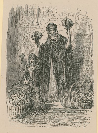 バスケットから花を売る若い女性のグループ 作： Gustave Dore