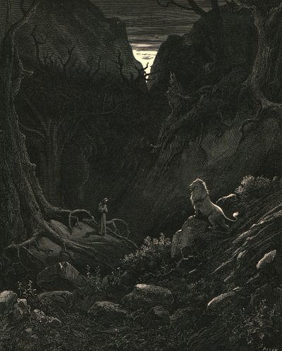 ライオンがやって来て、見た目通りに私を手に入れました、c1890。 作： Gustave Dore