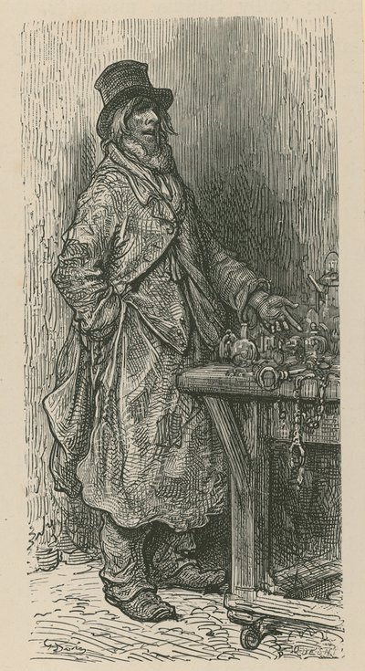 露店から商品を売っている男性 作： Gustave Dore