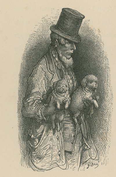 2匹の犬を手に持ちながらシルクハットをかぶった男 作： Gustave Dore